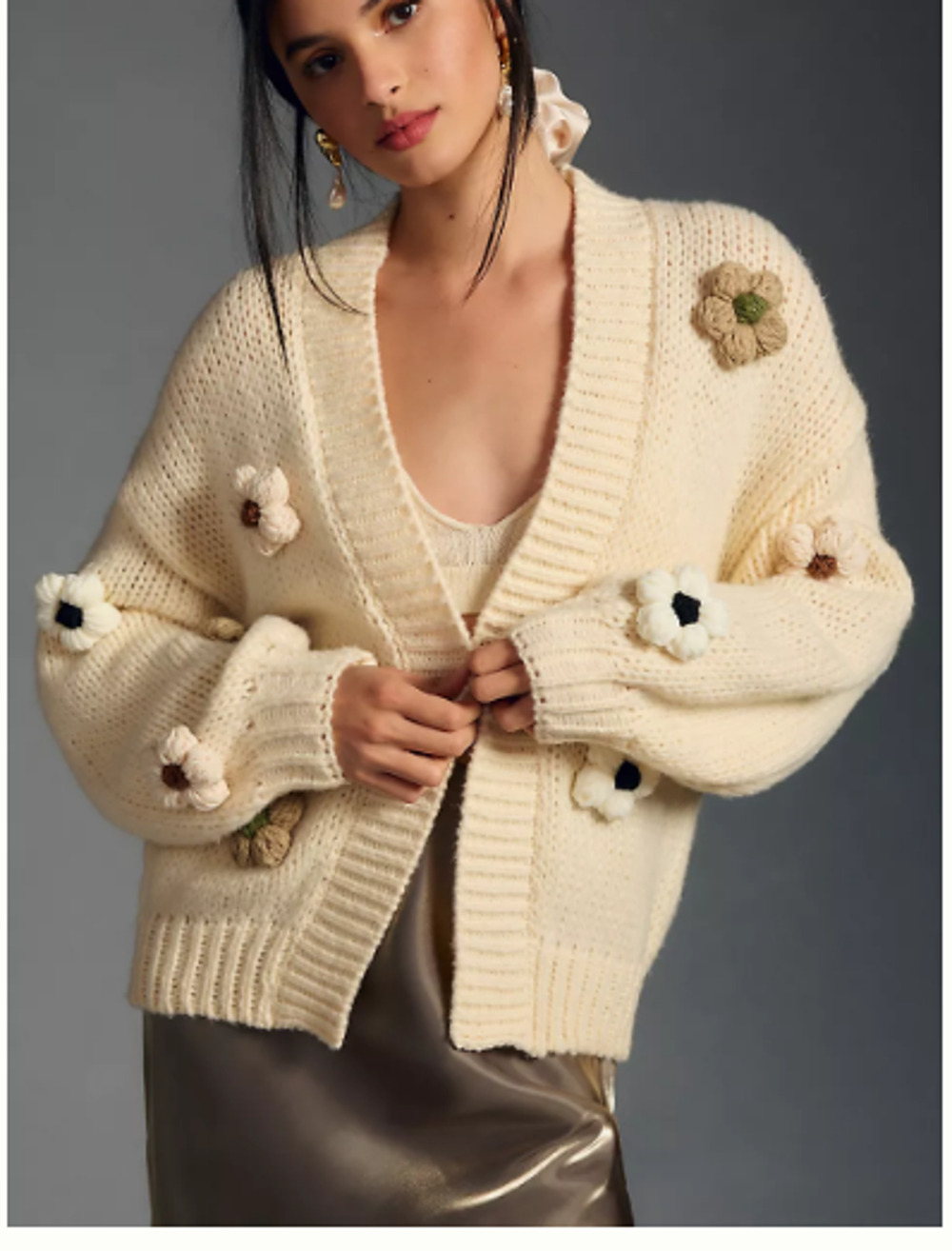 Anthropologie Maeve Chunky 3D Floral Knit Cardigan Sweater One Size Cream